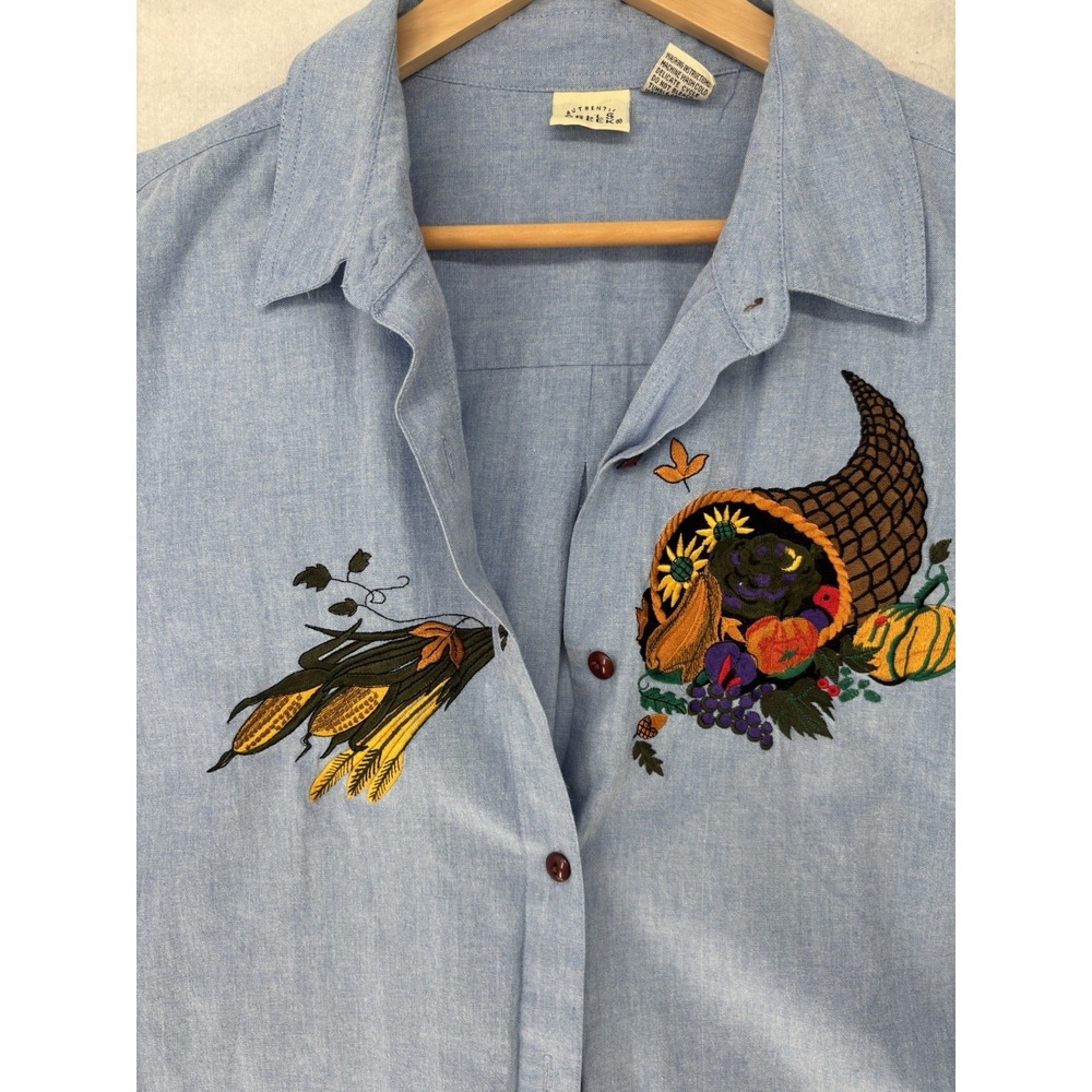 VTG Falls Creek Fall Embroidered Jean Shirt Women XL Blue Horn Of Plenty